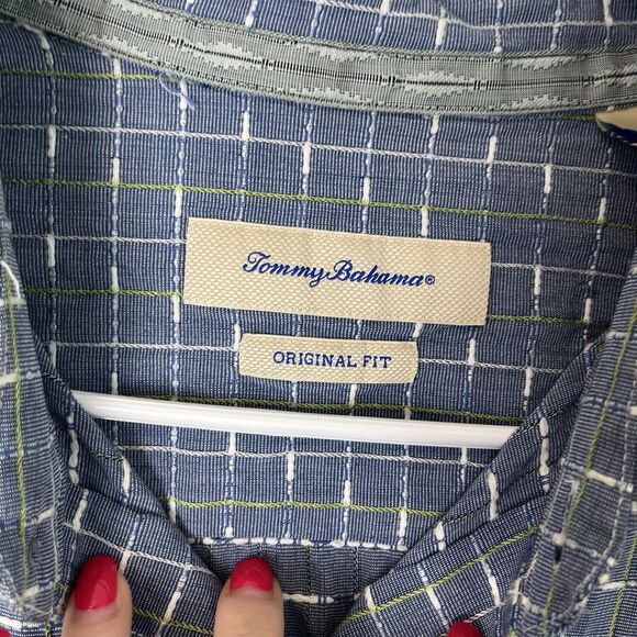 Tommy Bahama Shirt Men Large Adult Blue Casual Button Down Textured Silk Check - Picture 2 of 7